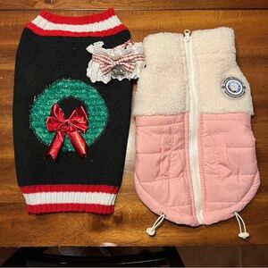 Pink and White Sherpa Dog Winter Jacket and Black Christmas Sweater